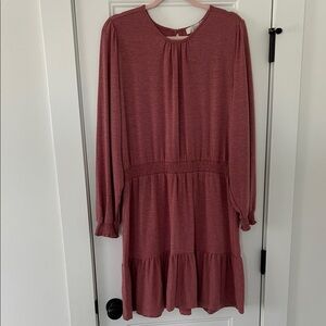 LOFT Dusty Rose Long Sleeve Tiered Knit Midi Dress